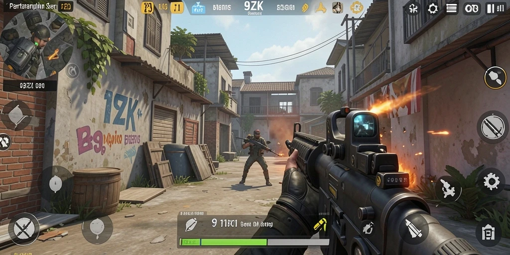 Tangkapan layar menampilkan aksi tembak-menembak dalam game FPS 9ZK.