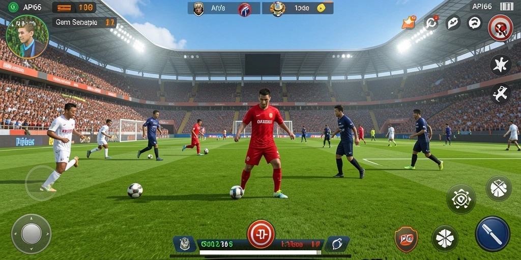 Tampilan gameplay sepenuhnya mendebarkan dalam API66 dengan aksi sepak bola yang memukau.