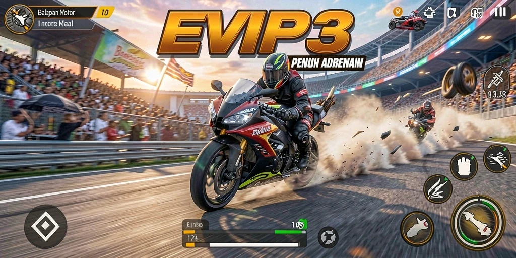 Gameplay seru EVIP3 dengan motor balap yang menegangkan.