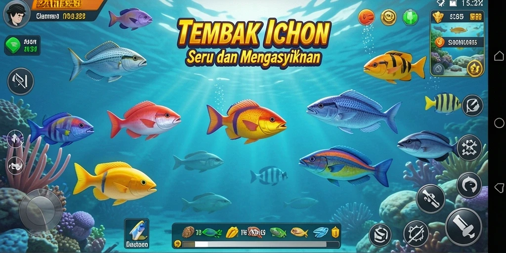 Tampilan gameplay Tembak Ikan yang menarik dan penuh warna.