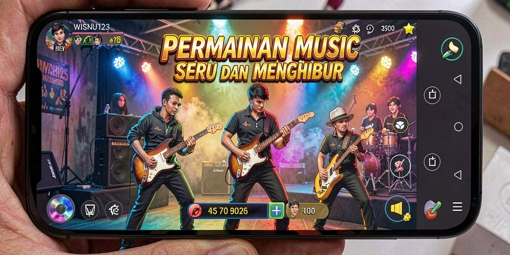 Tampilan gameplay WISNU123 dengan berbagai lagu dan tantangan musik.